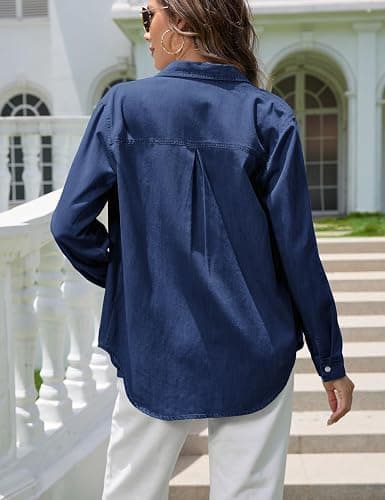 Hersuitful Denim Shirt Women Chambray Western Shirts Casual Long Sleeve Button Down Jean Tops thumbnail 4