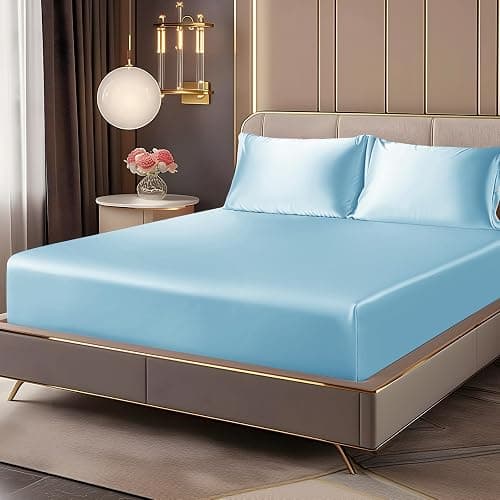 BEDELITE Satin Fitted Sheet and Pillowcase Set, Luxury Soft Similar to Silk Bottom Bedsheet with Elastic Corner Straps, Deep Pocket up to 15 Inch, 1 Fitted Sheet and 1 Pillowcase(Twin, Light Blue) - Image 1