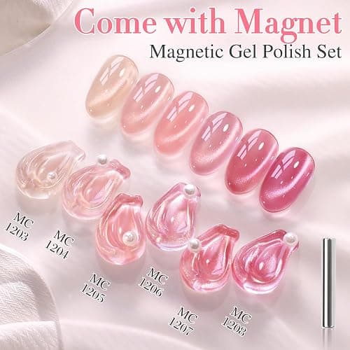 Double Rhythm Cat Eye Gel Nail Polish Set of 6 Same Color Same Bottle 0.5 Oz Shimmer Glitter with Magnet Holographic Reflective Magnetic UV Nail Polish Kit at Home (Glass Nude Pink Rose-T6-45) thumbnail 7