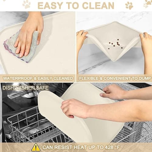 SMILOOL Silicone Pet Food Mat with Raised Edge for Food and Water Bowl, Dog Feeding Mats, Cat Food Trays for Floor Waterproof, Rubber Tray for Dogs and Cats, 19 x 12 x 0.7 White Sand thumbnail 6