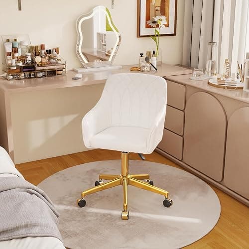 VECELO Modern PU Swivel Home Office Desk Chair with Back & Rolling Wheels, Adjustable Seat Height for Girls Women Bed Room Vanity Makeup/Task/Computer Work, White thumbnail 2