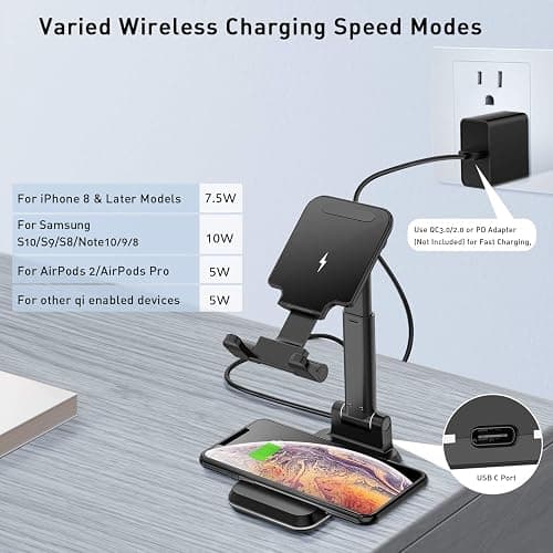 Tiluza Wireless Charger, 2 in 1 Dual Wireless Charging Stand, Adjustable Phone Holder for Desk 10W Qi Fast Charger Compatible with iPhone 14/13/12/11/Pro/Xs/Max/XR/X AirPods, Samsung S23/S22 thumbnail 7