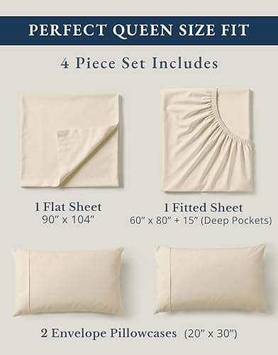 LANE LINEN 100% Organic Cotton Queen Sheets, 4Pc Cotton Sheets Set, Classic Percale Weave Bedsheets Queen Size Bed, Soft Breathable Sheet & Pillowcase Sets, Deep Pocket 15" - Natural thumbnail 4