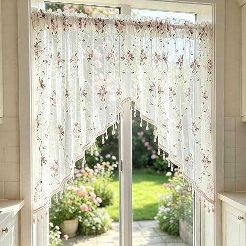 1PC Victorian Style Floral Sheer Swag Curtain Valance for Arched Door | Pink Embroidered Window Treatment with Beaded Trim, Rod Pocket Light Filtering Tier Curtain for Kitchen Princess Bedroom thumbnail 3