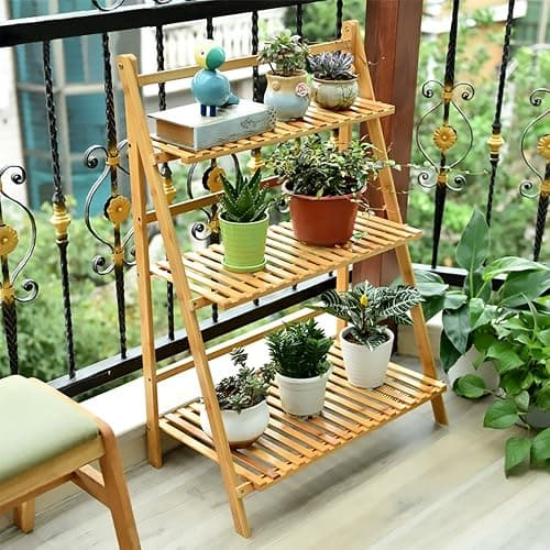 Ufine Bamboo Ladder Plant Stand 3 Tier Foldable Flower Pot Display Shelf Rack for Indoor Outdoor Home Patio Lawn Garden Balcony Organizer Planter Holder thumbnail 2