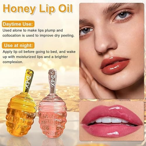 Honey Lip Oil, 2PCS Clear Lip Gloss Set Moisturizing Lip Glow Oil, Hydrating Long Lasting Plumping Lip Oil Non-Sticky Lip Glow Balm Lip Care, Cute Honey Flavors Liquid Lipstick thumbnail 3