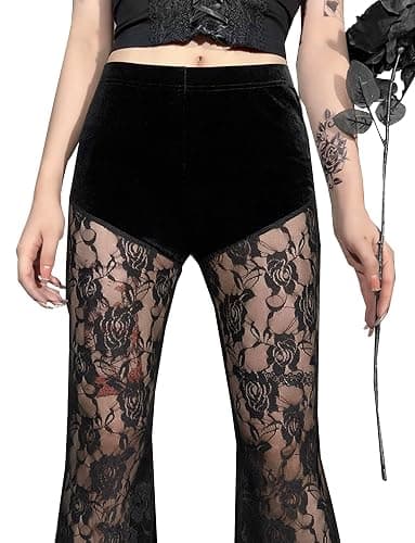 FEOYA Gothic Black Lace Flare Pants for Women Elastic Waist Victorian Bell Bottoms Mesh Punk Disco Pant thumbnail 3
