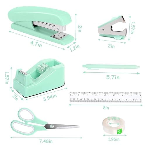 Dimonluce Green Office Supplies, Teal Desk Accessories Accessories with Tape Dispenser, Stapler, Staple Remover, 1000 Staples, Tape, Clips Set, Ruler, Scissor, Pen thumbnail 2