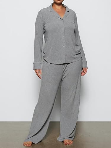 AnotherChill Women's Pajamas Set Long Sleeve Button Down Ribbed Knit 2 Piece Sleep Sets Loungewear Soft Pjs thumbnail 2