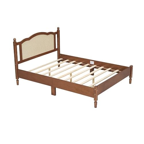 Anwick Queen Size Boho Rattan Bed Frame with Headboard, Noise-Free | Walnut Wooden Platform Bed Wooden Slat Support Silent, Vintage Bedframe , No Box Spring Needed thumbnail 9