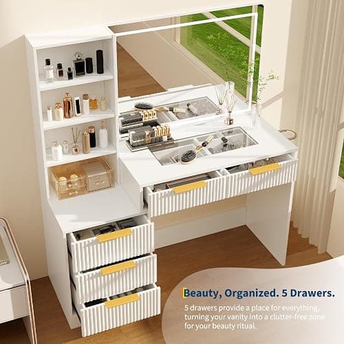 Makeup Vanity Desk with Smart LED Mirror & Charging Station, Large 48" Fluted Wood White Vanity Desk with Power Outlets and USB Ports Modern Glass Top with 5 Storage Drawers Dressing Table for Bedroom thumbnail 6