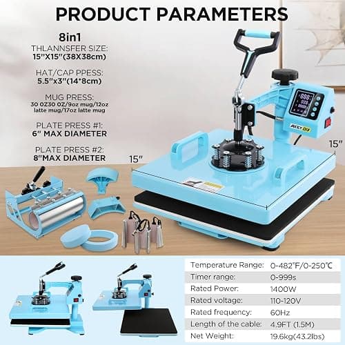WHUBEFY Heat Press,15x15 Shirt Press Machine 8 in 1 with 30Oz Tumbler Attachment Sublimation Machine Digital Slide Out Sublimation Heat Transfer Machine, Heat Press for T-Shirts Mugs Caps Plates,1400W thumbnail 9