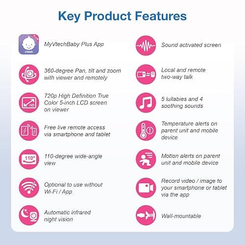 VTech Upgraded Smart WiFi Baby Monitor VM901, 5-inch 720p Display, 1080p Camera, HD NightVision, Fully Remote Pan Tilt Zoom, 2-Way Talk, Free Smart Phone App, Works with iOS, Android thumbnail 2