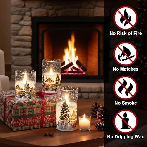 DRomance Snowman House Glass Flameless Candles Battery Operated with Remote and Timer Real Wax LED Flickering Pillar Candles Cold White Light Window Christmas Holiday Decor 3" D x 4", 5", 6" H thumbnail 4