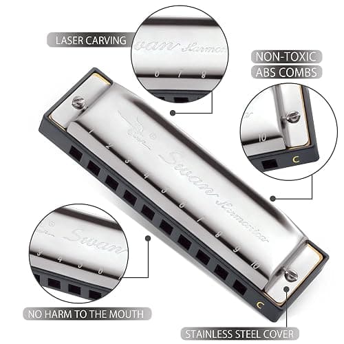 SWAN Blues Harmonica C Key for Kids Adults, 10 Hole Diatonic Harmonica Key of C, Metal Blues Harp for Beginners Students, Mouth Organ in Case, Silver thumbnail 3