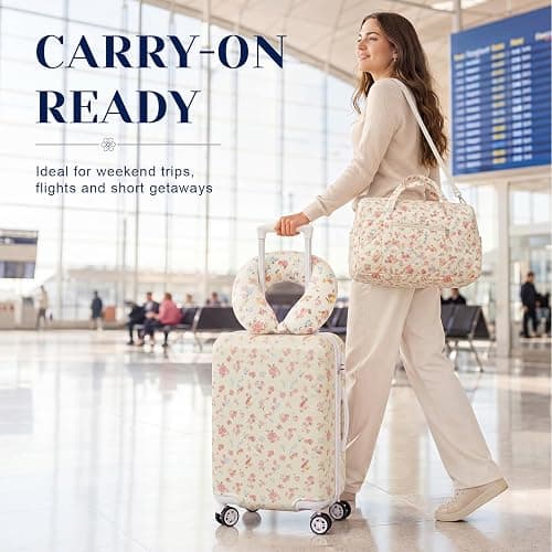 Redbaker 7 Pcs Floral Luggage Set for Women,Beige | 20" Carry Travel Suitcase Quilted Duffel Bag Makeup Bags Neck Cushion & Name Label thumbnail 7