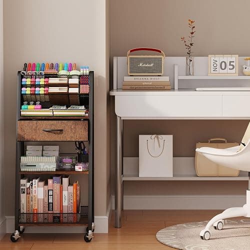 Homsorout 3 Tier Rolling Cart - Metal Utility Cart with Storage Drawer and Wheels, Versatile Art & Craft Organizer for Home, Office, or Studio - Ideal for Storing Brushes, Paints, and Supplies thumbnail 2