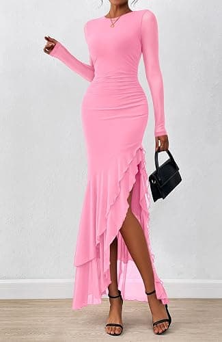 BTFBM Women's Maxi Dresses Fall 2025 Long Sleeve Ruched Bodycon Solid Ruffle Mermaid Cocktail Wedding Guest Dress thumbnail 2