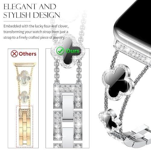 CTYBB Bling Diamond Band Compatible with Apple Watch Bands for Women 40mm 41mm 38mm 42mm Series 11 10 9 8 7 6 5 4 SE 3 2 1, Sparkle Metal Bracelet Wristband, Cute Lucky Clover Dressy iWatch Band,Silver/Black thumbnail 2