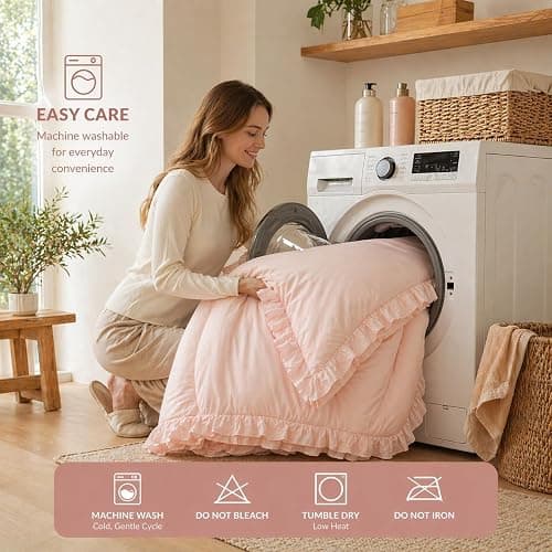 JANZAA WHITE Comforter Set Queen – Soft Microfiber, Lightweight All Season Bedding, Ruffle Shabby Chic Aesthetic, Breathable Cozy Bed Set with 2 Pillow Shams, Machine Washable thumbnail 8