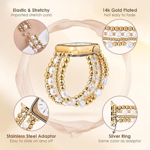 AIRSPO Gold Beaded Bracelets Compatible for Apple Watch Band 38mm 40mm 41mm Women, 14K Gold Plated Bead iPhone Watch Bands Elastic Stretchy Strap for iWatch Series SE 8 7 6 5 4 3 2 1,Large thumbnail 5