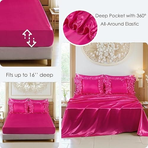 MOVE OVER Hot Pink Satin Comforter Set Queen Size 8 Pieces Bed in a Bag Farmhosue Shabby Chic Ruffle Comforter Set Luxury Silk Like Satin Bedding Set Boho Chic Satin Ruffled Comforter Sets thumbnail 5