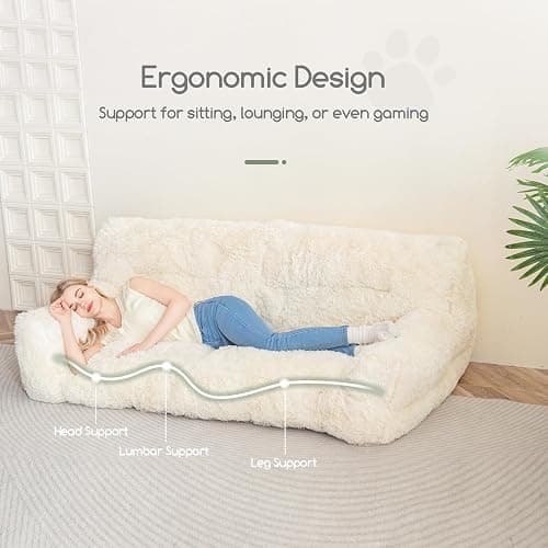 HIGOGOGO Giant Human Dog Sofa Bed, Big Comfy Floor Sofa Couch for Pet Families with Foam Chunk Supportive Mat, Fluffy Faux Fur Orthopedic Dog Bed for Human, XXXL Size, Beige thumbnail 3