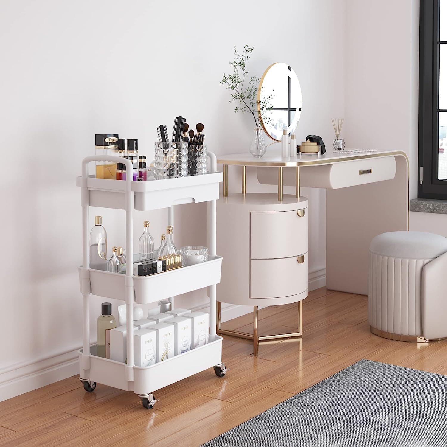 3-Tier Rolling Utility Cart with Drawer,Multifunctional Storage Organizer with Plastic Shelf & Metal Wheels,Storage Cart for Kitchen,Bathroom,Living Room,Office, (White-3Tier) thumbnail 6