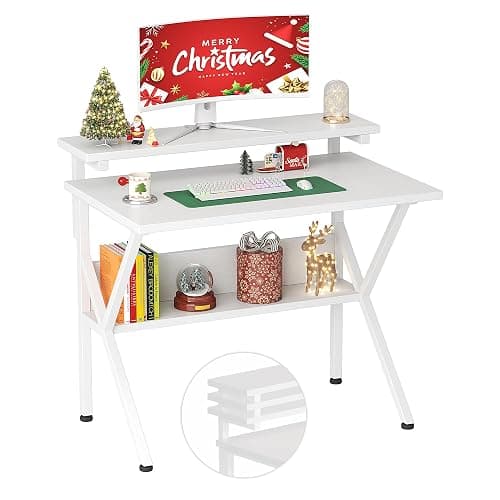 COTUBLR Small Desk, 27.5 Inch Small Computer Desk for Small Spaces, Computer Desk with Adjustable Monitor Stand, Compact Desk with Storage, Tiny Desk Study Desk for Bedroom Home Office, White - Image 1