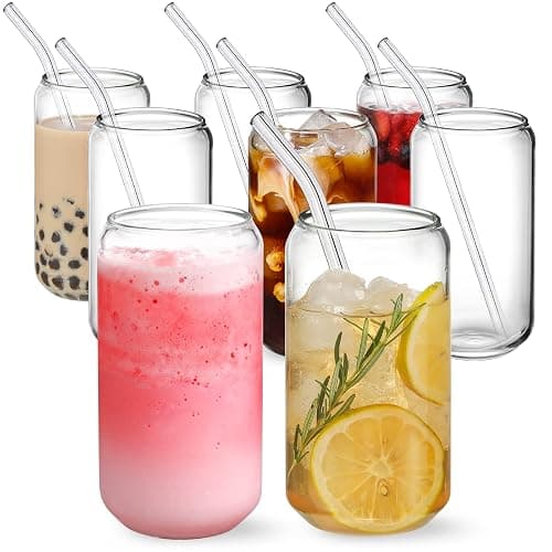 NETANY [ 8pcs Set ] Drinking Glasses with Glass Straw - 16oz Glass Cups, Beer Glasses, Iced Coffee Glasses, Cute Tumbler Cup, Ideal for Whiskey, Soda, Tea, Water, Gift - 2 Cleaning Brushes - Image 1