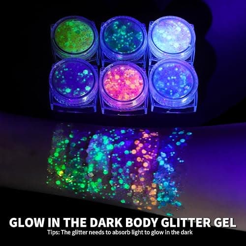 Teenitor 6 Colors Glow in The Dark Glitter Gel, Face Glitter Gel, Body Glitter Hair Glitter for Carnival Makeup UV Black Light Party Cheer Raves Festivals thumbnail 8
