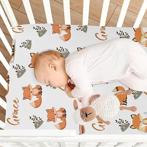 Customized Cute Fox Crib Sheets with Name, Personalized Name Baby Crib Mattress Sheets for Girls Boys, Name Crib Sheets for Standard Crib and Toddler Mattresses, Nursery Bedding Sheets thumbnail 3