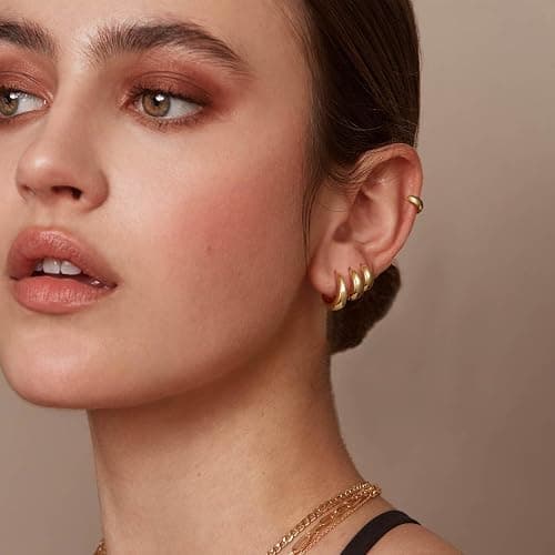 NECOCY 4 Pairs Small Huggie Hoop Earrings for Women, Chunky 14K Gold Plated Earrings Stack Hypoallergenic Lightweight Trendy Cartilage Hoops Earring Set for Multiple Piercing Dainty Minimal Jewelry thumbnail 3