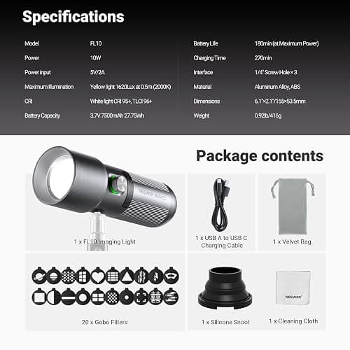 NEEWER Basics RGB Photography Flashlight,4 Colors/20 GOBO Filters/CRI95+/7500mAh,10W 6300K Portable LED Video Spotlight Patterned Ambient Aluminum Sunset Light for Recording Studio Lighting, USB, FL10 thumbnail 9