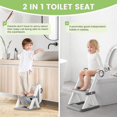 COOSEYA Frog Potty Training Seat, Upgrade 2 in 1 Toddler Toilet Seat,Waterproof Soft Mat Non-Slip Step Stool,Grey thumbnail 7