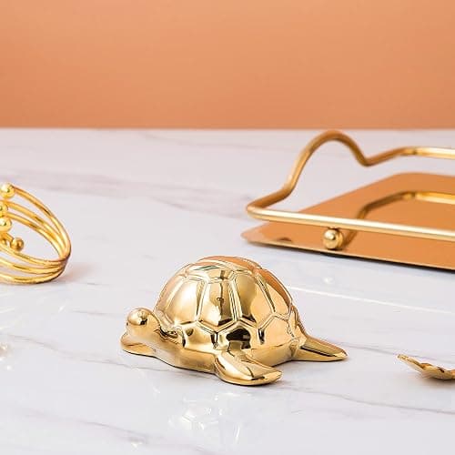 Golden Turtle Statue, Ceramic Turtle Ornament for Home Decor - Gold Tabletop Decoration, Collectible Decor for Elderly, Turtle Sculpture for Bookshelf, Desk, Nightstand thumbnail 2
