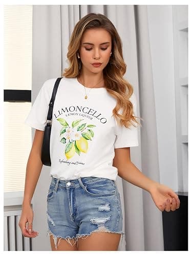 SweatyRocks Women's Lemon Shirts Letter Fruit Printed Graphic Tees Short Sleeve Casual T-Shirt thumbnail 5