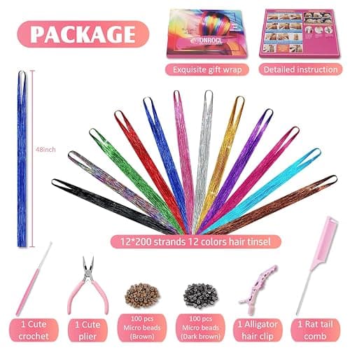 Hair Tinsel Kit with Tools and Instruction Easy to Use 12 Colors 2400 Strands 48 Inches Tinsel Hair Extensions for Women and Girls, Glitter Sparkling Shinny Fairy Hair Accessories for Party thumbnail 3