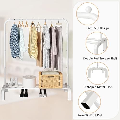 UDEAR Clothing Rack Portable Single Rod Garment Rack Multi-Functional Hanger for Bedroom,White | Clothing Rack Portable for Bedroom，Including Anti-slip Beads on both Ends of The Hanging Rod thumbnail 6