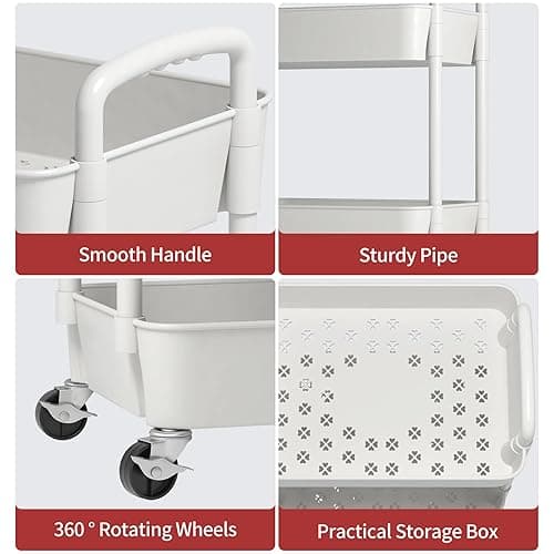 Sywhitta 3-Tier Plastic Rolling Utility Cart with Handle, Multi-Functional Storage Trolley for Office, Living Room, Kitchen, Movable Storage Organizer with Wheels, White thumbnail 7