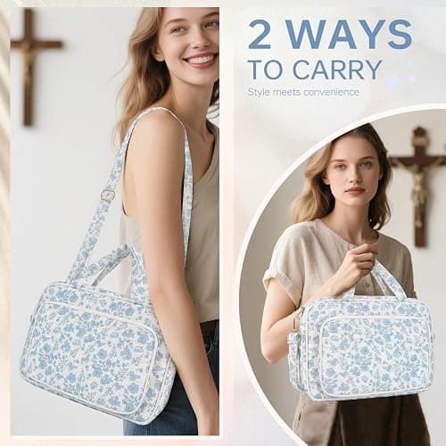 Bible Cover Case for Women Bible Study Supplies Church Camp Essentials Christian Gifts for Women Journaling Kit Quilted Large Bible Book Sleeve (Blue Flower, Large) thumbnail 6