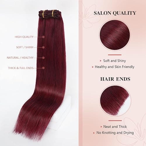 YILITE Clip in Extensions Echthaar 35cm 100% Echthaar Extensions Clip 14 Zoll 8 Stück 110g Unsichtbar Glatt Zum Anklippen Menschenhaar Doppelt Genäht (35cm #99j Burgunderrot) thumbnail 3