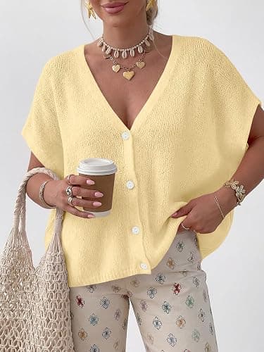PRETTYGARDEN Womens 2026 Summer Oversized Cardigans Sweaters | Batwing Short Sleeve Lightweight Cardigan, Button V Neck Casual Knit Sweater Tops, Cute Clothes for Travel Vacation Cruise thumbnail 4