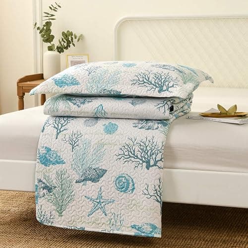Oliven Reversible Coastal Beach Theme Quilt Set Queen/Full Size Ocean Coral Bedding Seaweed Bedspread Ocean Life Blue Green White Shell Starfish Coverlet Summer Lightweight Beach Daybed Sets thumbnail 6