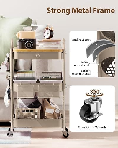 ALVOROG Rolling Cart with Drawer and Wood Table Top, 3 Tier Metal Rolling Utility Cart on Wheels with DIY Pegboards, Hanging Baskets, Hooks for Kitchen, Bedroom, Office, Craft Supplies thumbnail 9