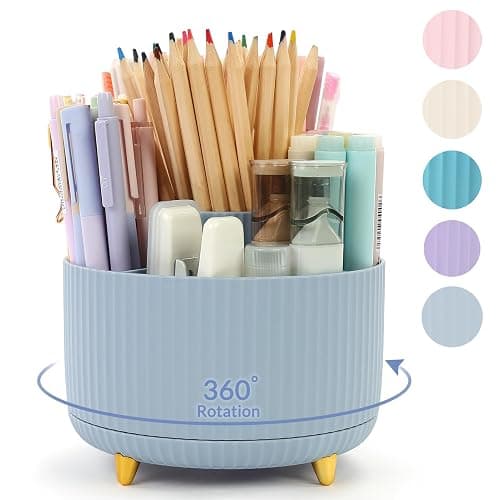 SKYDUE 360 Degree Rotating Desk Organizer, Dual-Purpose Pencil Pen Holder, Rotating Desk Pen Organizer with 5 Slots, Pencil Cup for Office, School, Home (Airy Blue) - Image 1