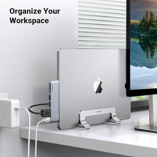 UGREEN Vertical Laptop Stand for Desk Adjustable Laptop Holder Dock Aluminum Desktop Stand, Compatible for MacBook Air Pro, Microsoft Surface(Silver) thumbnail 5