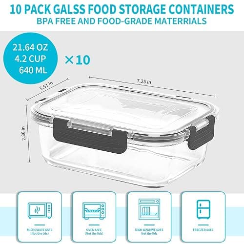 Skroam 10 Pack Glass Meal Prep Containers, 22 OZ Glass Airtight Food Storage Containers with Lids, Pantry Kitchen Storage Containers for Lunch, Food Storage, Meal Prep, Lunch Bento Boxes thumbnail 3