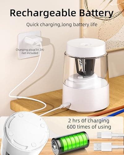ZMOL Electric Pencil Sharpener, Automatic Pencil Sharpeners Kids, Battery Powered Rechargeable Pencil Sharpeners for Colored Pencils, Auto Stop, Suitable for No.2(6-8mm), School/Home - White thumbnail 4