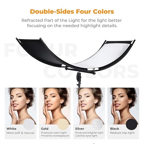 K&F CONCEPT U-Shape Reflector Curved Reflector 180x60cm with 4-in-1 Reflective Fabric, Black/Gold/White/Silver, with 1.9m Stand, with Storage Bag, for Photography Studios thumbnail 3